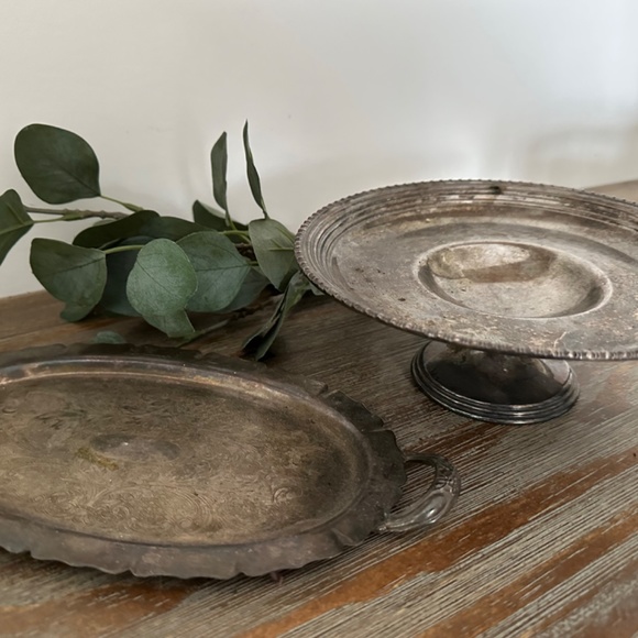 Antique silver platter and dish (sold as set) - Picture 2 of 2